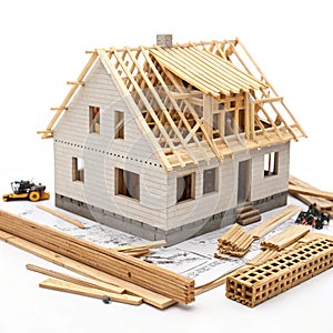 Miniature house under construction isolated on white background