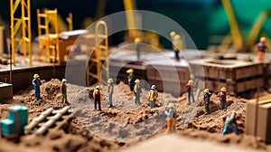 Miniature human toys, on a construction site, playing their part in building the city