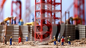 Miniature human toys, on a construction site, playing their part in building the city