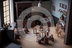 Miniature Hyperrealistic middle age ,apartment on the wooden table, diaroma, handmade, 3D Render Hyperrealism, Miniature dioramas