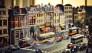 A miniature imaginary city built from plastic bricks. Residential and commercial buildings are built facing the road.