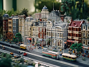 A miniature imaginary city built from plastic bricks. Residential and commercial buildings are built facing the road.