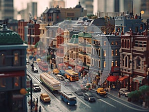 A miniature imaginary city built from plastic bricks. Residential and commercial buildings are built facing the road.