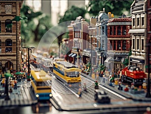 A miniature imaginary city built from plastic bricks. Residential and commercial buildings are built facing the road.