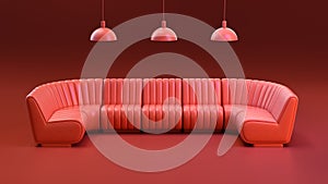 Miniature interior room with long sofa and lamps on red background.