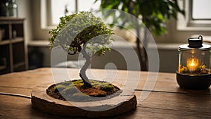 Miniature Japanese Bonsai Tree Decoration in Garden Vase with Candle