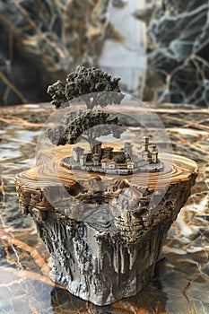 Miniature landscape carved into a piece of wood