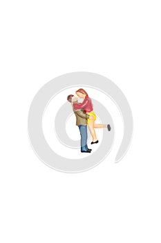 Miniature lover couple ,man holding woman in action glad and happy on white background with clipping path, love couple concept