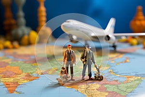 Miniature male and female travelers with backpacks stand near a world map and airplane model