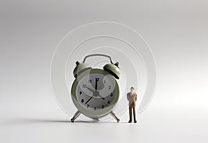 A miniature man standing next to the alarm clock.