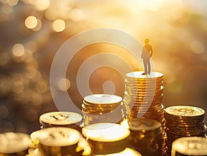 Miniature man stands on coins in still life photograph