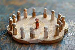 Miniature meeting wooden figures engaged in a discussion