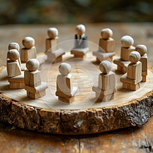 Miniature meeting wooden figures engaged in a discussion