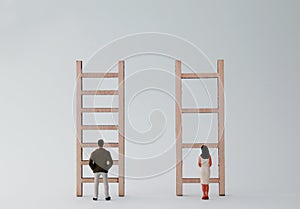 Miniature men and women standing in front of different ladders.