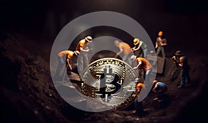 Miniature miners are mining bitcoins in the mine Generative ai