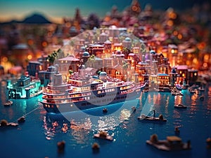 Miniature model of beautiful costal town with big ship and boats, ai-generated artwork