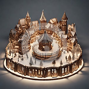 A miniature model of a medieval-style winter town