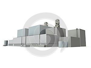A miniature model of a nuclear power plant. White background.