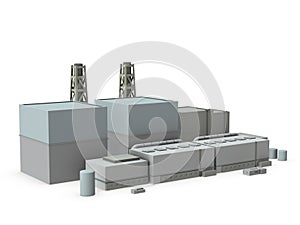 A miniature model of a nuclear power plant. White background.