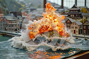 Miniature Model Town Engulfed by Fiery Wave in Surreal Disaster Concept Scene