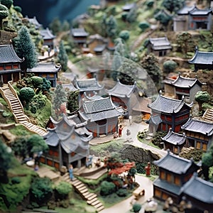 Miniature model of traditional japanese houses. Traditional japanese architecture. Stop - motion animation style, 1990s.