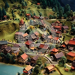 Miniature model of a village with houses on the top of a mountain photo