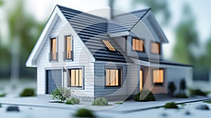 Miniature modern house with glowing windows in soft focus green setting. This model showcases contemporary design with