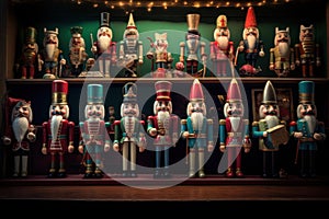 Miniature nutcrackers, elves and Santas from across the decades lined up with vintage Christmas signs and memorabilia. Generative