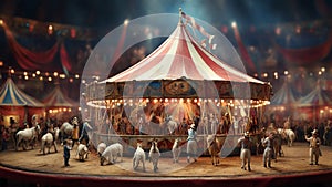 A miniature painting of a circus, with tiny performers and animals under the big top,