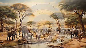 A miniature painting of a safari scene, with tiny animals such as lions or elephants,