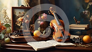 A miniature painting of a still life featuring a musical instrument, such as a violin or harp,