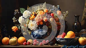 A miniature painting of a still life, with a vase of flowers and a bowl of fruit, rendered in minute detail,