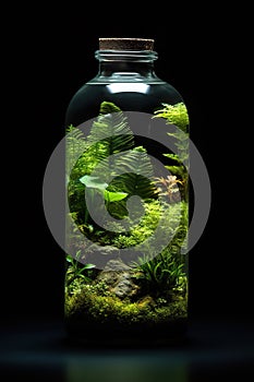 Miniature Paradise: Tropical Trees Encased in a Bottle Against a Black Background. created with Generative AI