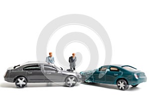 Miniature people : Accident scene, car crash on white background