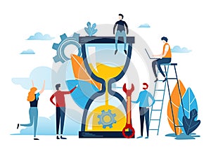 Miniature people with big clock sand. Time management concept. Business illustration vector graphic design. photo