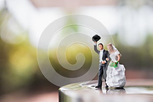 Miniature people : Bride and groom couple standing on The stage