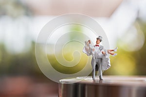 Miniature people : Bride and groom couple standing on The stage