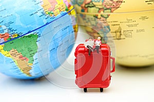 Miniature people : Businessman with mini world map,Business travel concept.