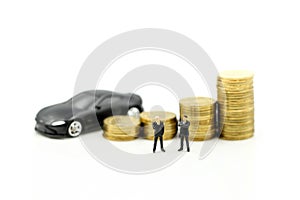 Miniature people : Businessman with money creditcard  and car Business consultants on financial transactions for car loan concept