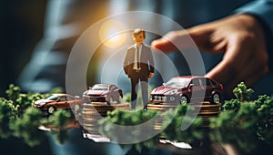 Miniature people. Businessman standing on stack of coins with car model. Finance and investment concept