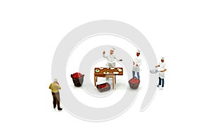 Miniature people : chef and people buying fruits and vegetables