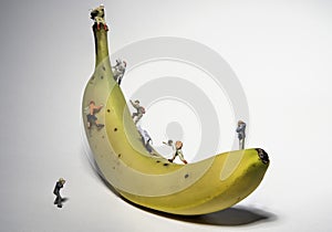 Miniature People Climbing A Banana with Photographers