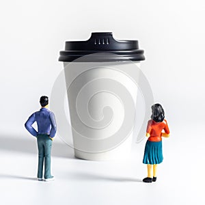 Miniature People and Coffee to-go Cup on white background. Cafe menu concept. Shallow depth of field