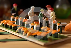 Miniature people cooking sushi rolls on wooden sticks. Gourmet Japanese food concept.
