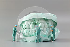 Miniature people ,A dentist displaying dental models and plaster orthodontic models