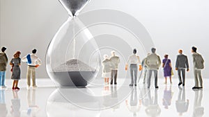 Miniature people. different people are walking next to the hourglass on a white background. lifespan of humanity