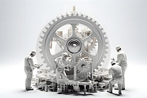 miniature people. figurines of working men working with gear mechanisms. industry and production concept