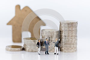 Miniature people: Group business meeting guaranteed loan, third party, guarantor. Image use for business concept