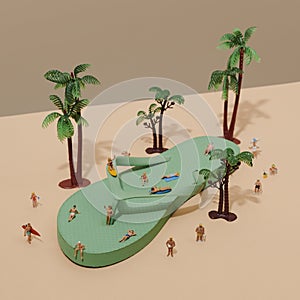 miniature people relaxing on a green flip-flop