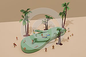 miniature people in swimsuit on a green flip-flop